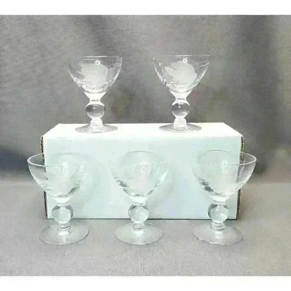 Vintage McBride Cameo Liquor Cocktail Crystal Wine Glasses Set of 5 Frosted Leaf